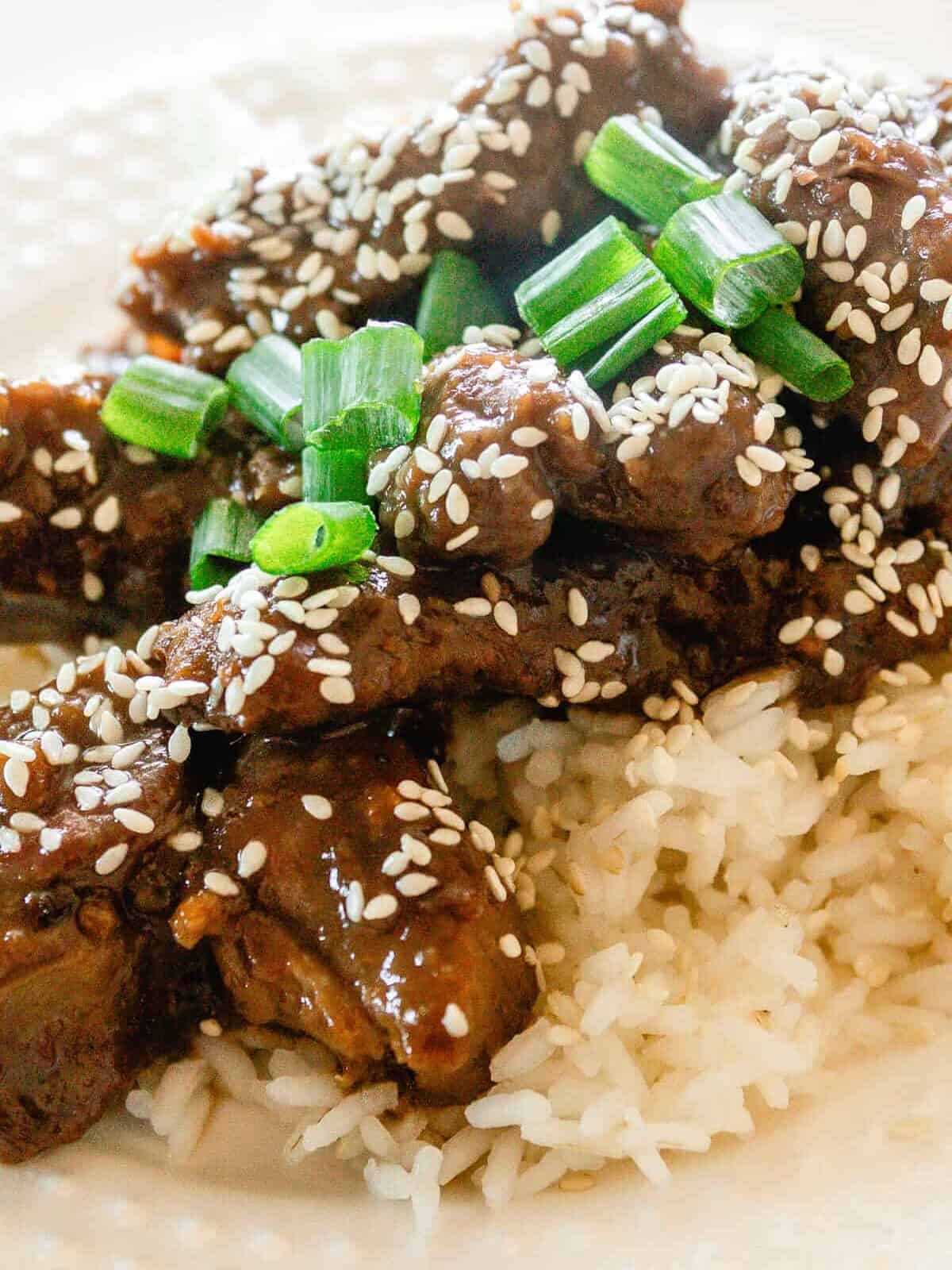 Garlic ginger venison on a bed of rice with sesame seeds and green onions.
