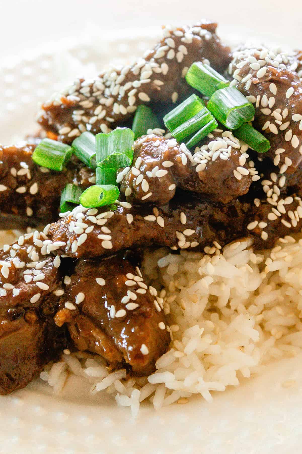Garlic ginger venison on a bed of rice with sesame seeds and green onions.