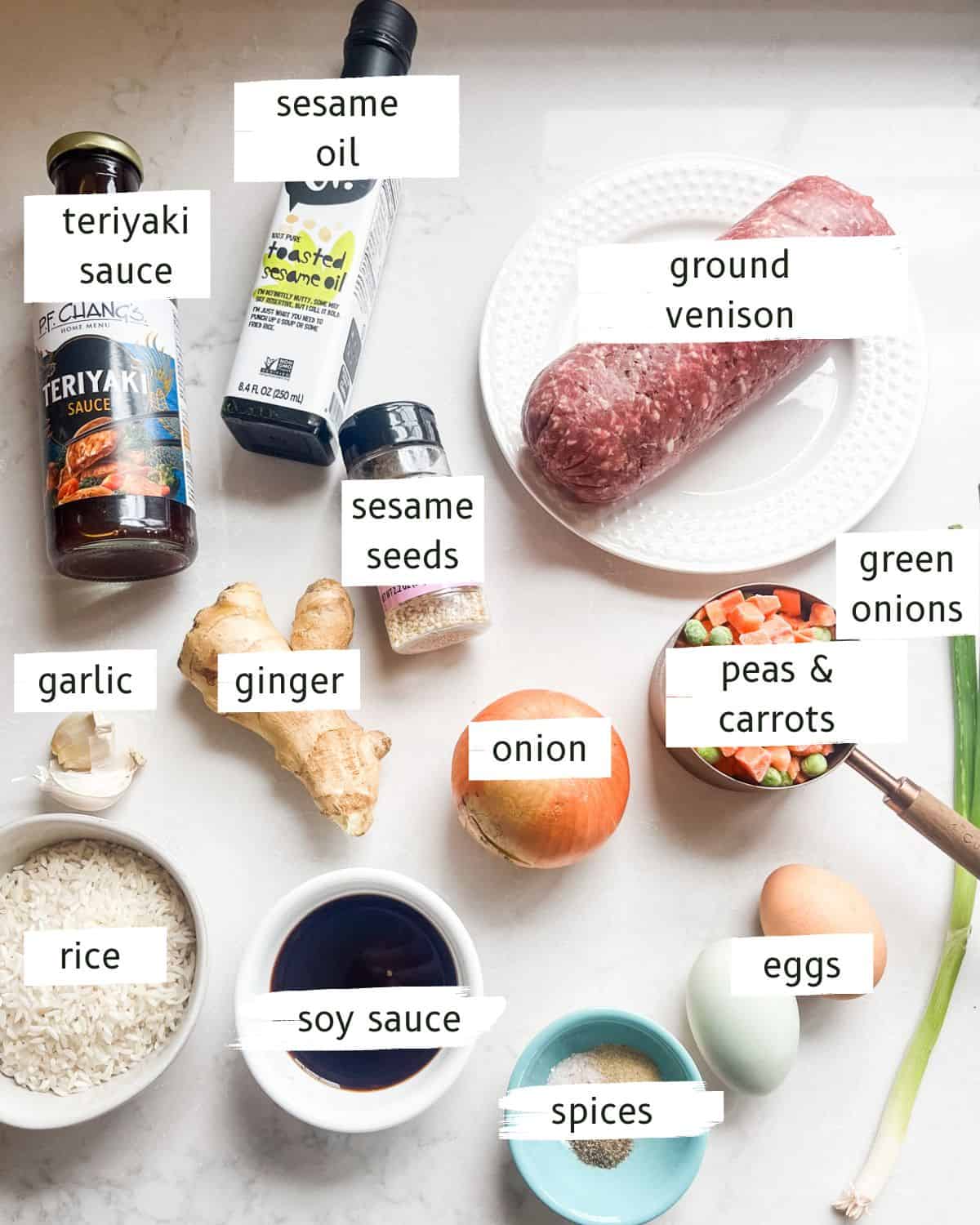 Venison fried rice ingredients labeled on a white table.