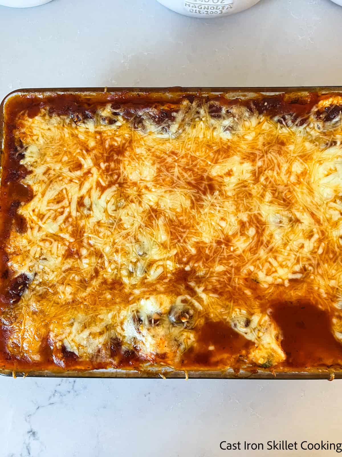 Lasagna topped with cheese and baked until golden brown.