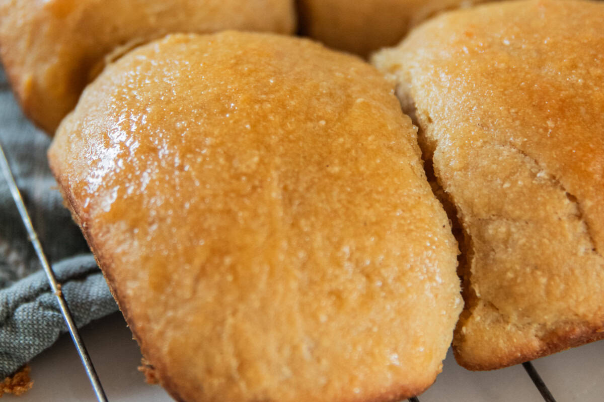 A close-up of a Hawaiian roll.