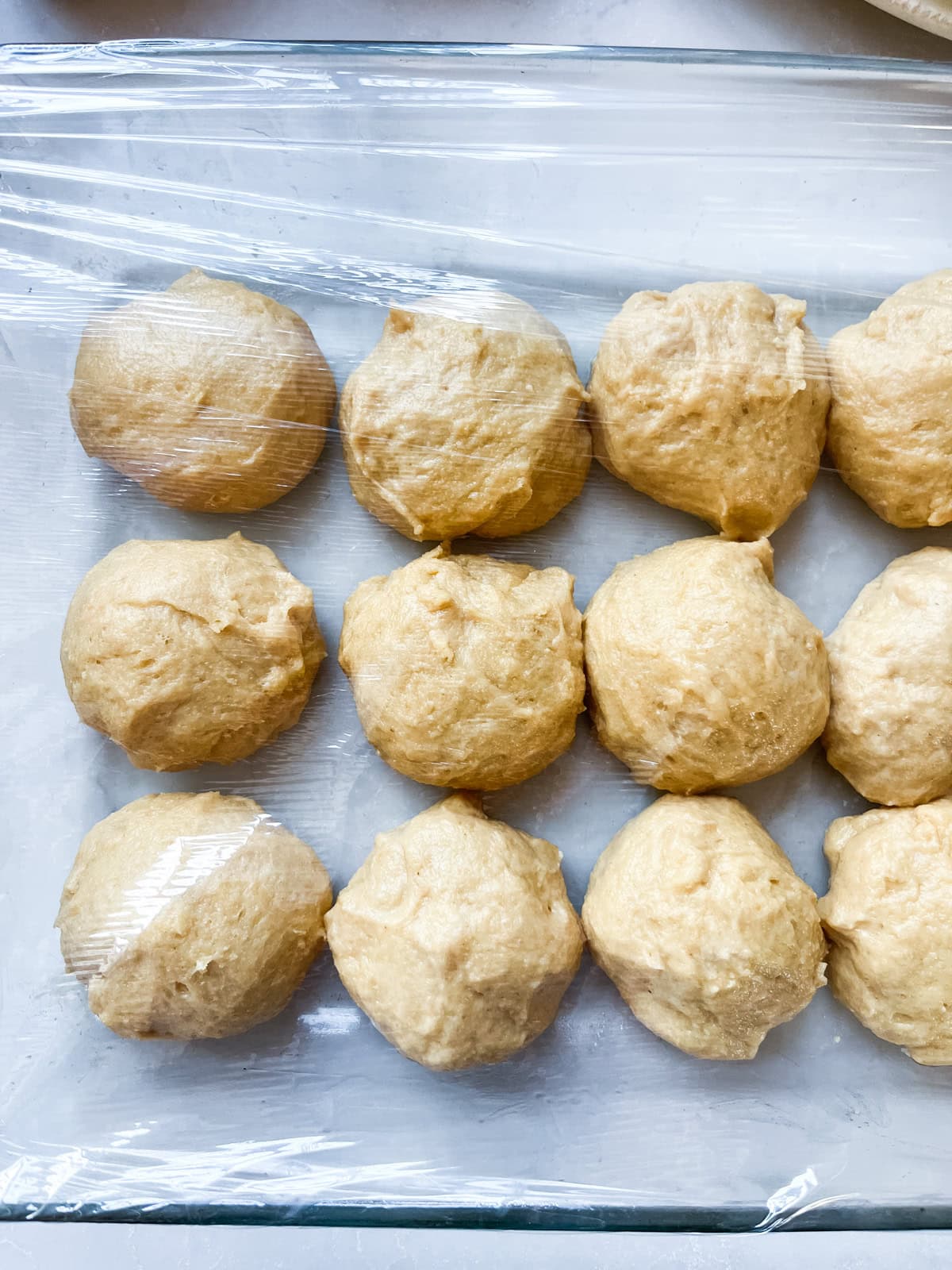 Fresh milled flour Hawaiian rolls shaped on a baking tray and covered with plastic wrap.