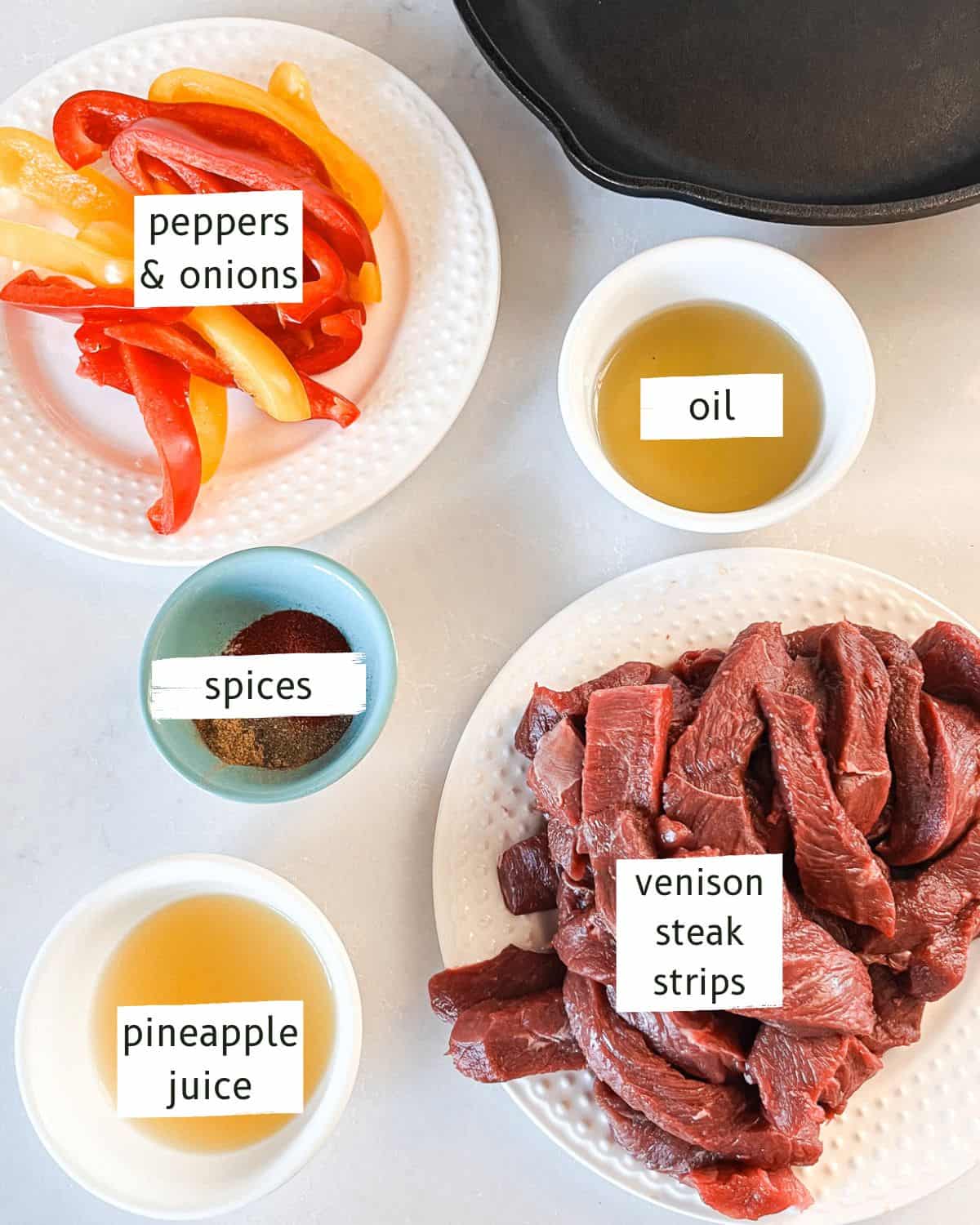 Venison fajitas ingredients labeled on a white kitchen counter.