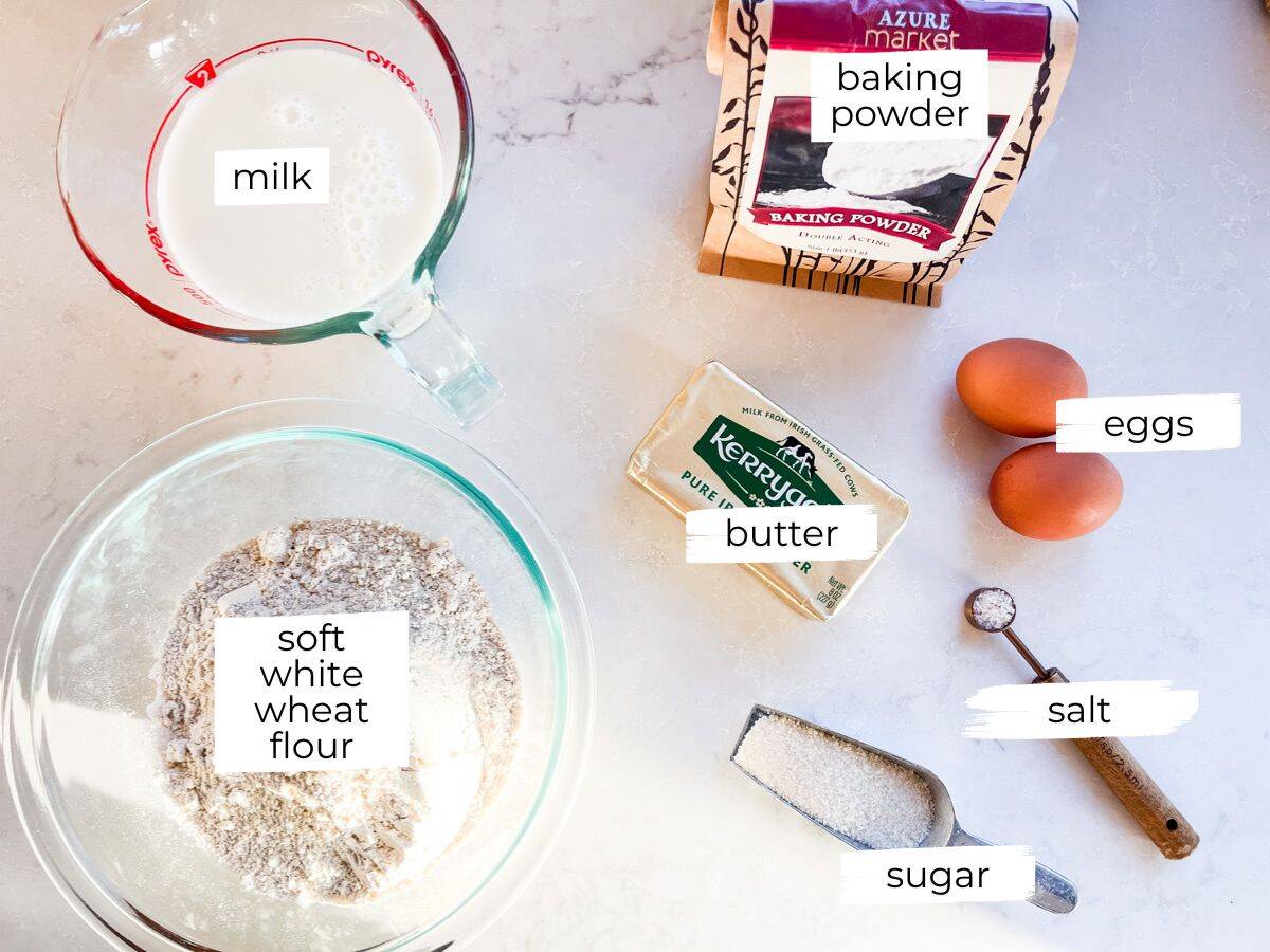 Fresh milled waffle ingredients labeled on a white counter.