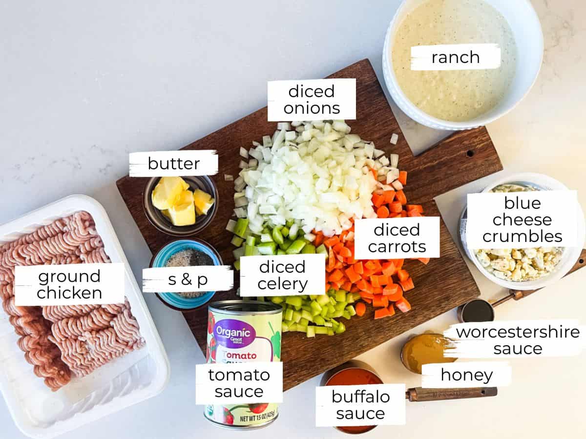 Buffalo chicken sloppy joe ingredients labeled on a kitchen counter.