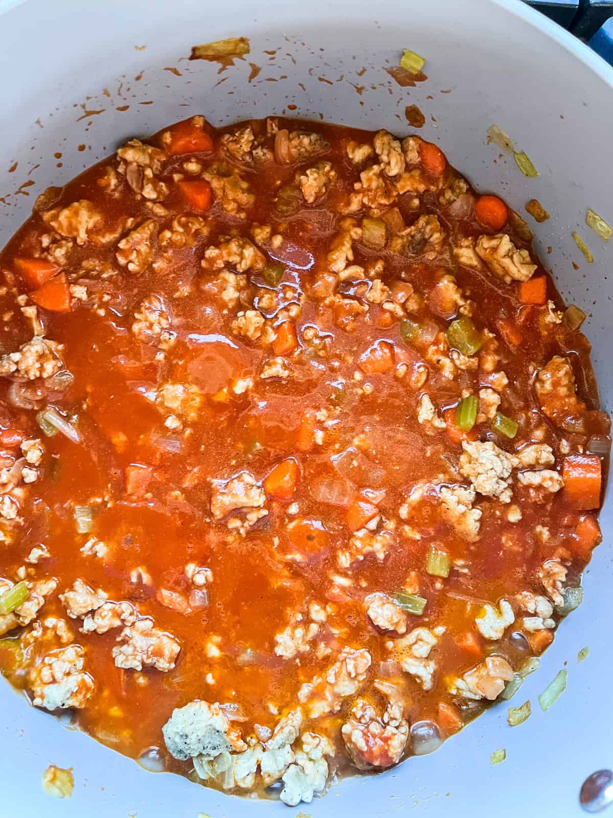 Cooking buffalo chicken sloppy joe in a pot.