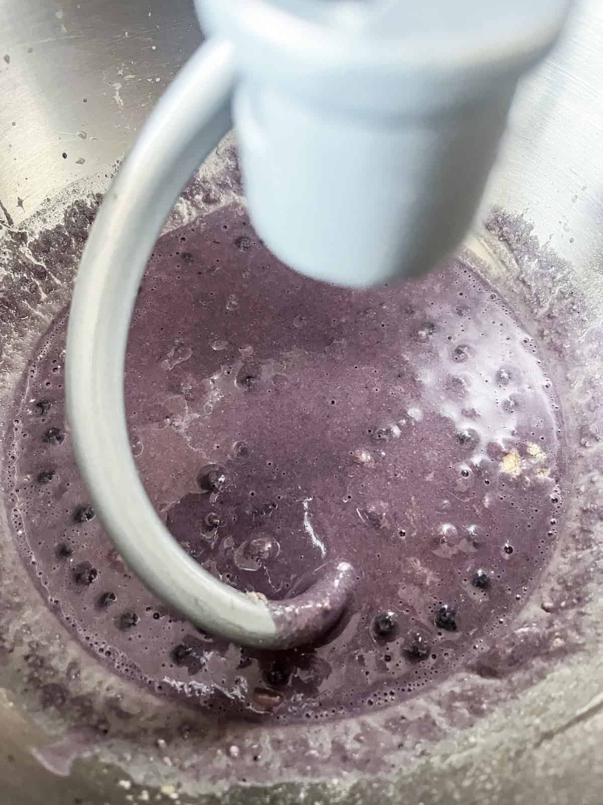 Mixing blueberry bagel dough in a stand mixer.