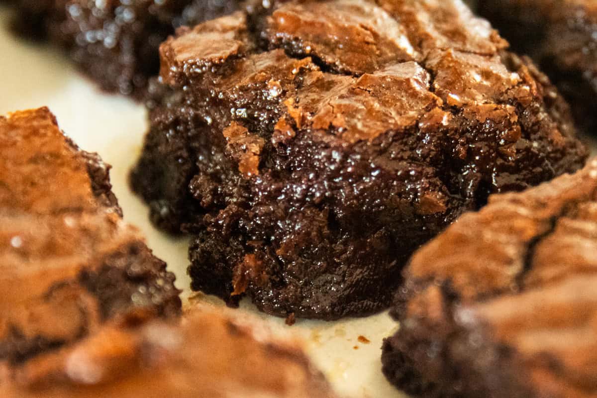 Fresh milled brownie squares lined up next to each other.