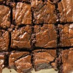 Fresh milled brownies lined up and cut into squares.