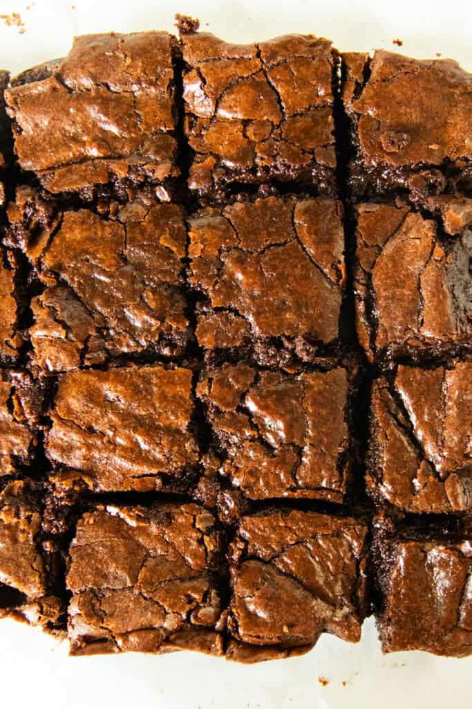 Looking down on a tray of brownies cut into squares.