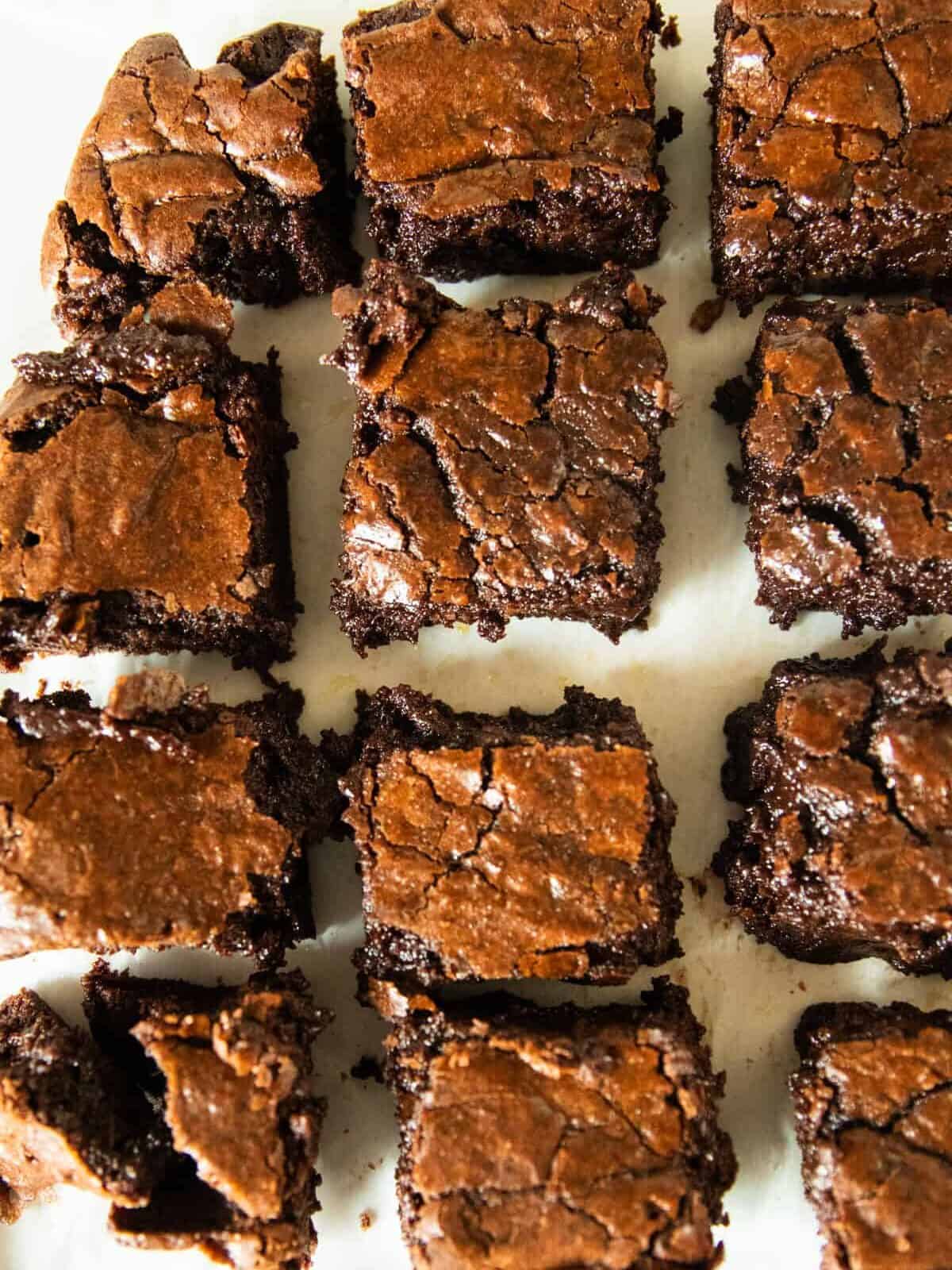 Fresh milled brownies cut into squares.