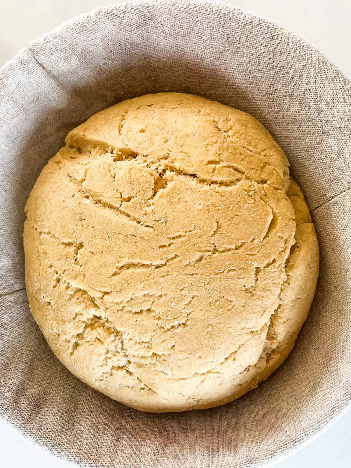 A ball of freshly milled pretzel dough rising in a bowl.