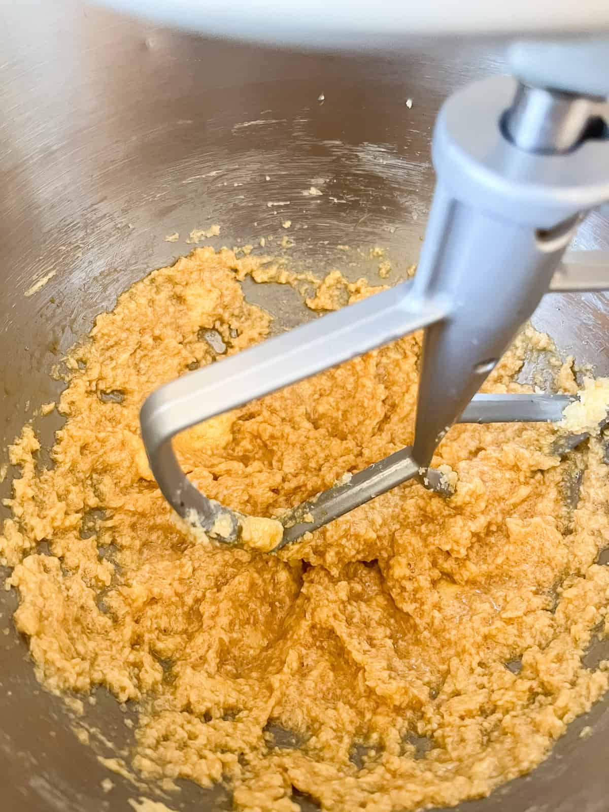 Mixing egg and vanilla extract into butter mixture in a stand mixer.