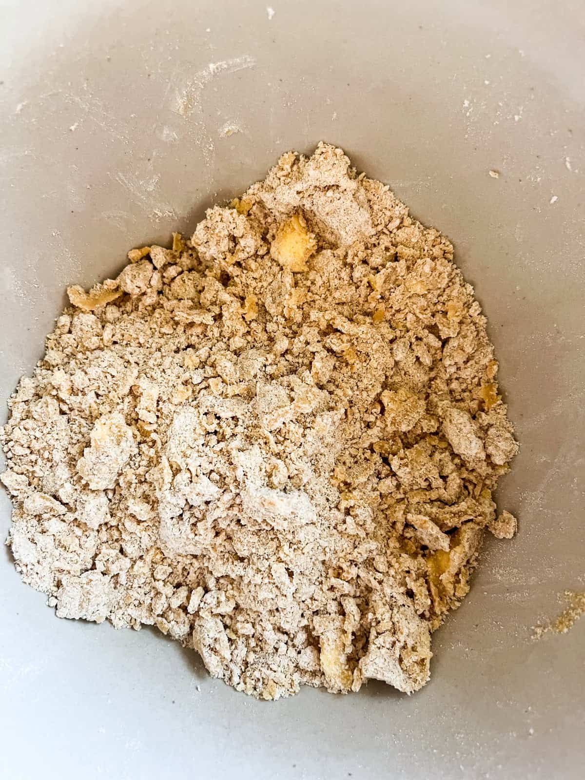 A crumbly dough mixture after the butter is stirred in.