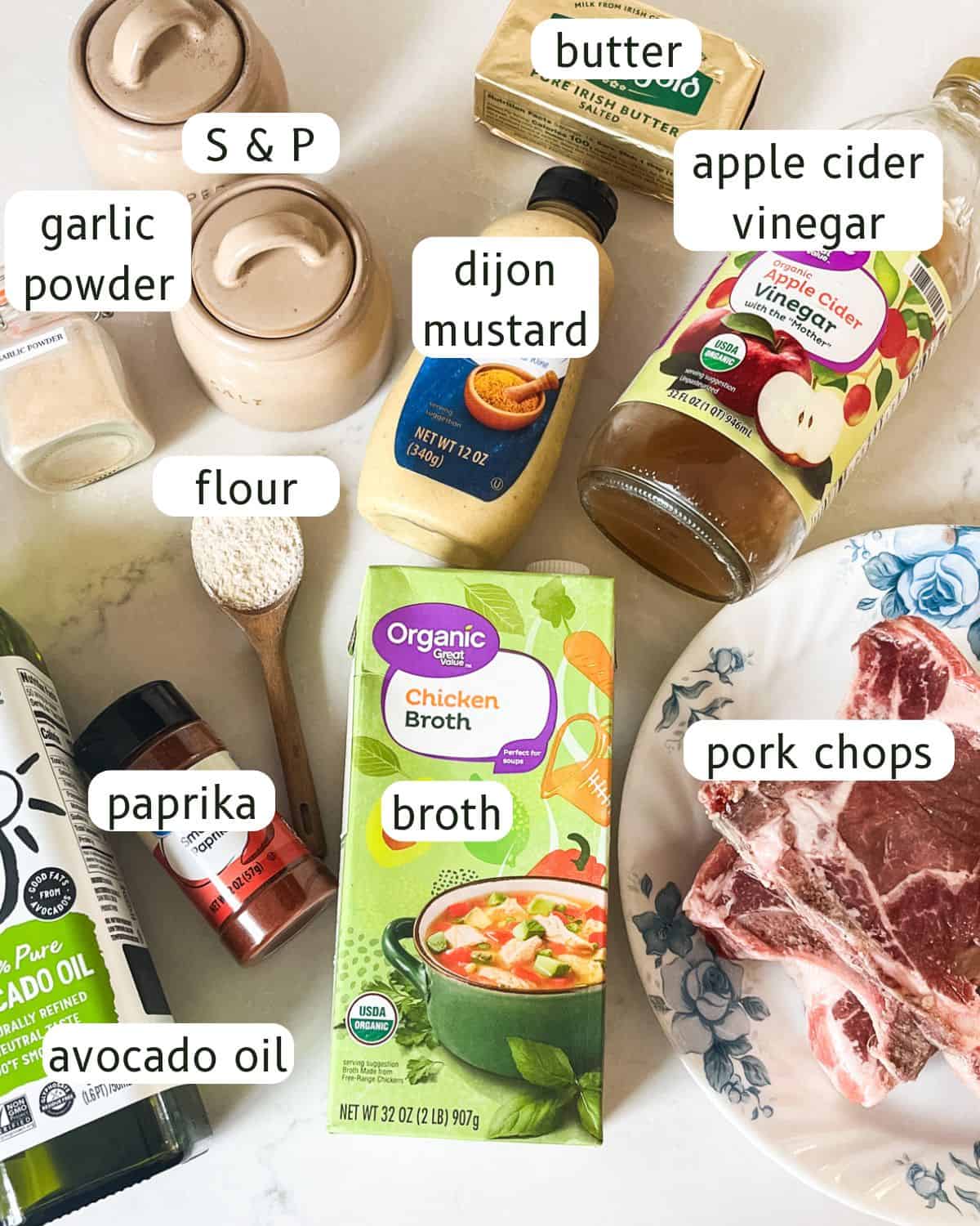 Pan-fried pork chop ingredients assembled and labeled.