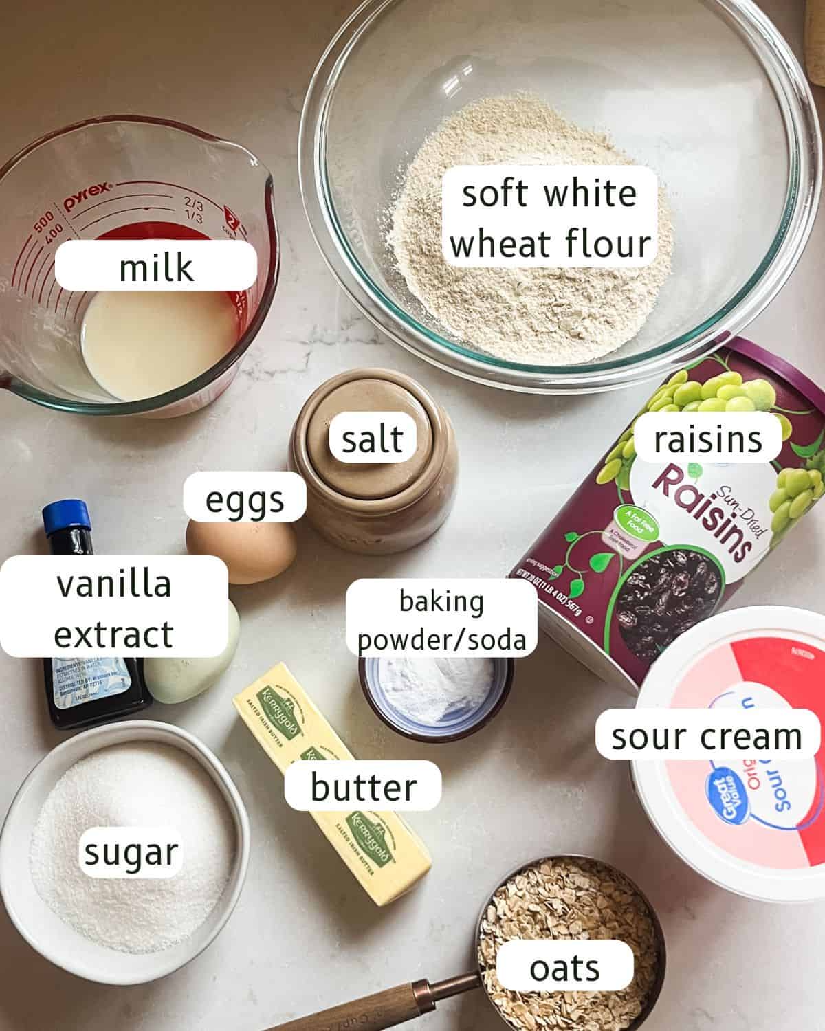 Whole wheat oatmeal raisin muffin ingredients labeled.