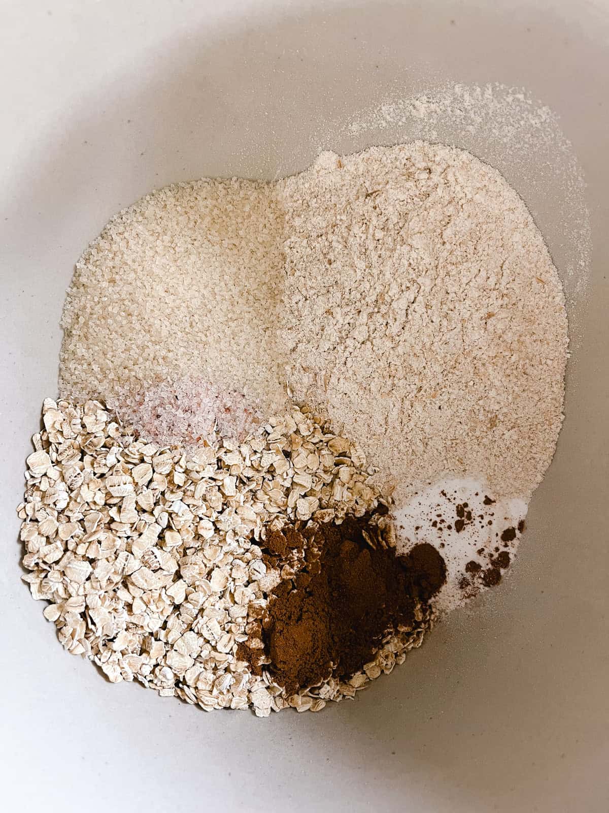 Dry ingredients combined in a mixing bowl.