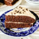 A slice of freshly milled chocolate cake on a blue plate.