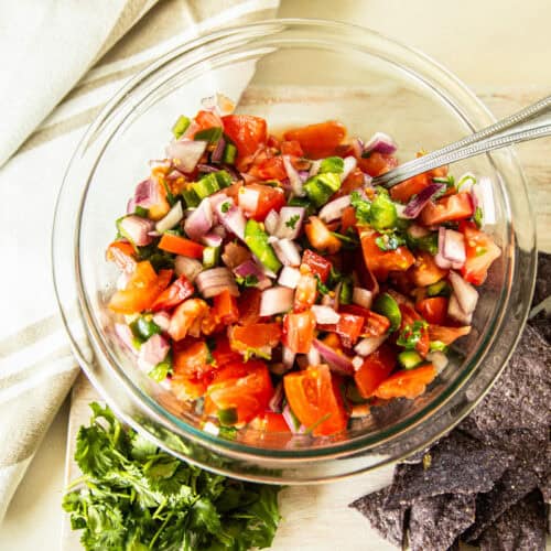 A bowl of pico de gallo with a scoop of tortilla chips and a pinch of cilantro on the side.