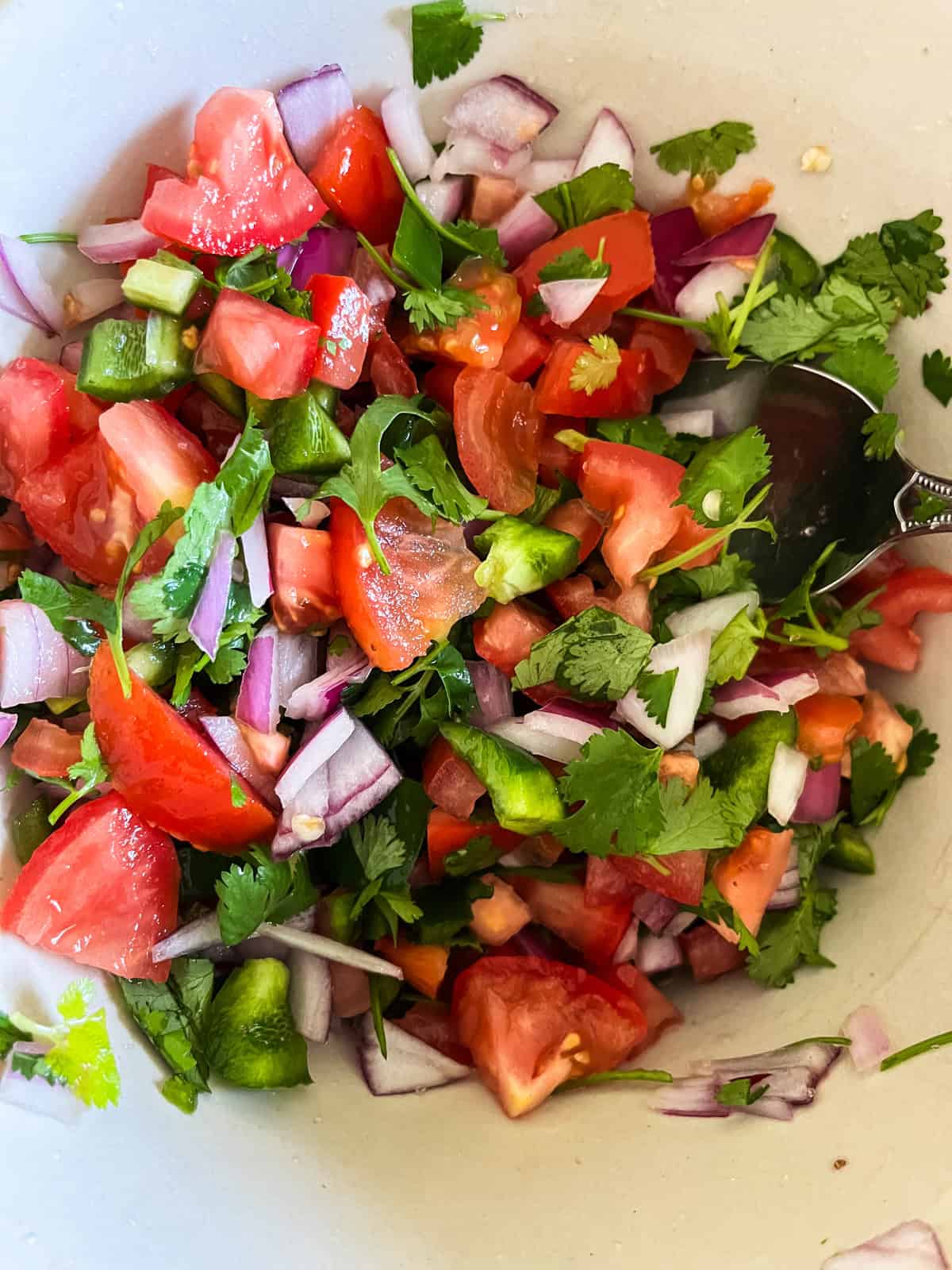 Fresh pico de gallo after being stirred.