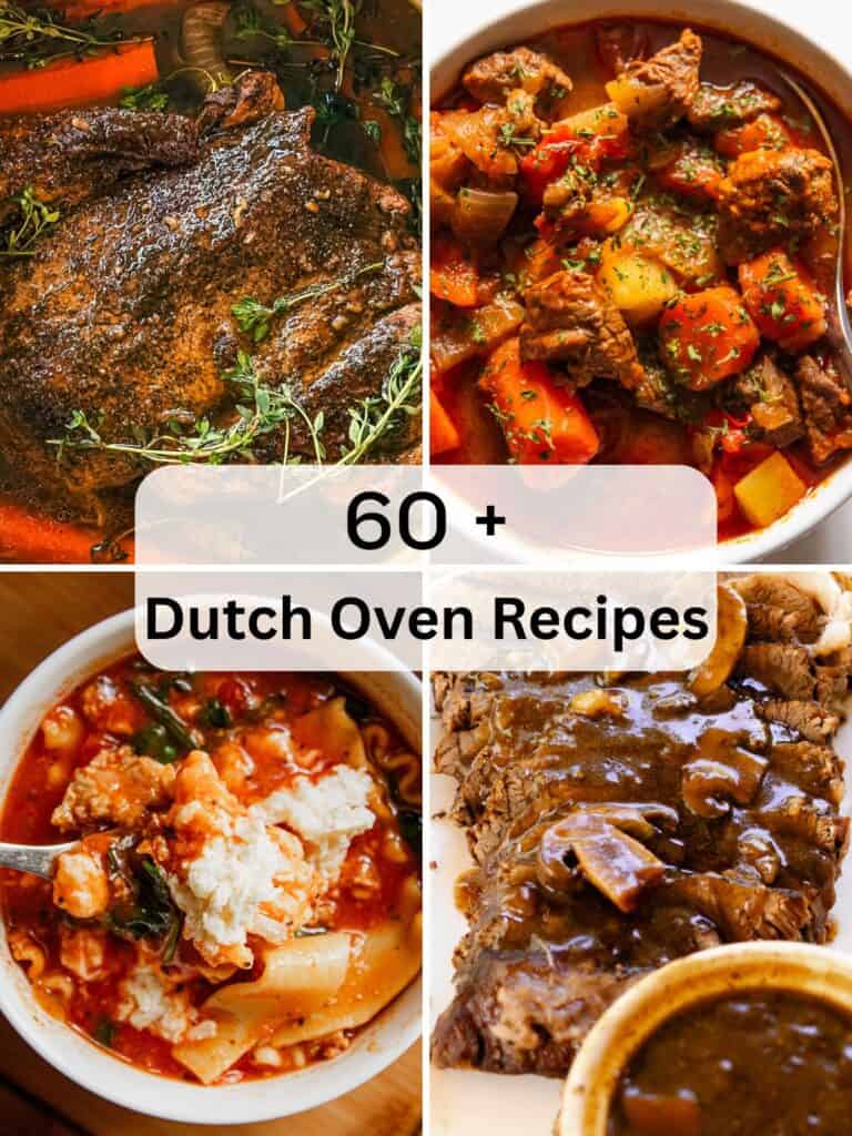 A collage of 4 dutch oven recipe photos.