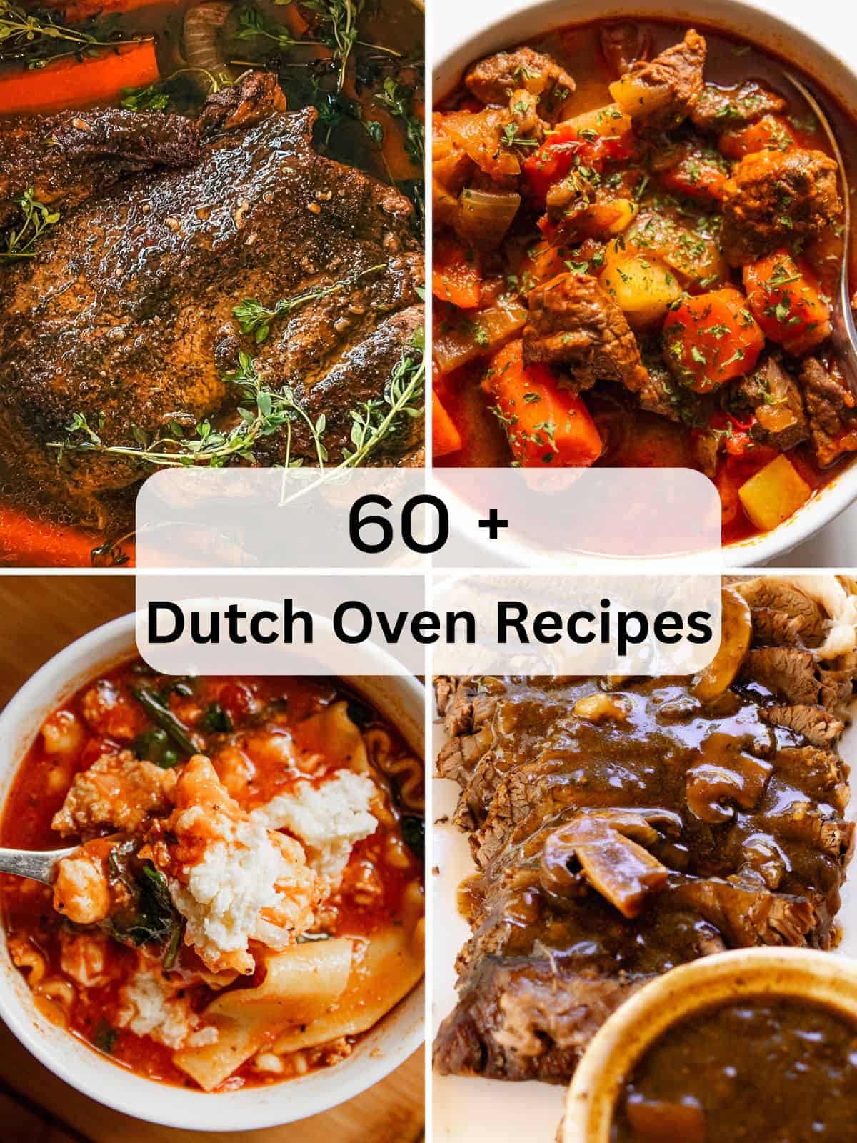 A collage of 4 dutch oven recipe photos.