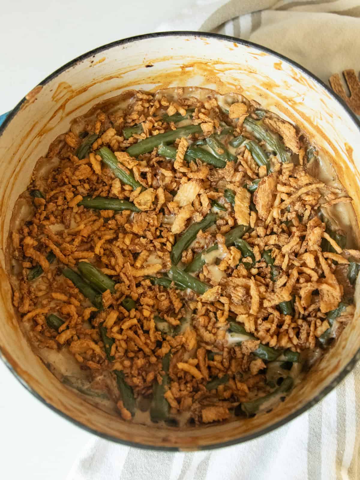 Green bean casserole in a Dutch oven.