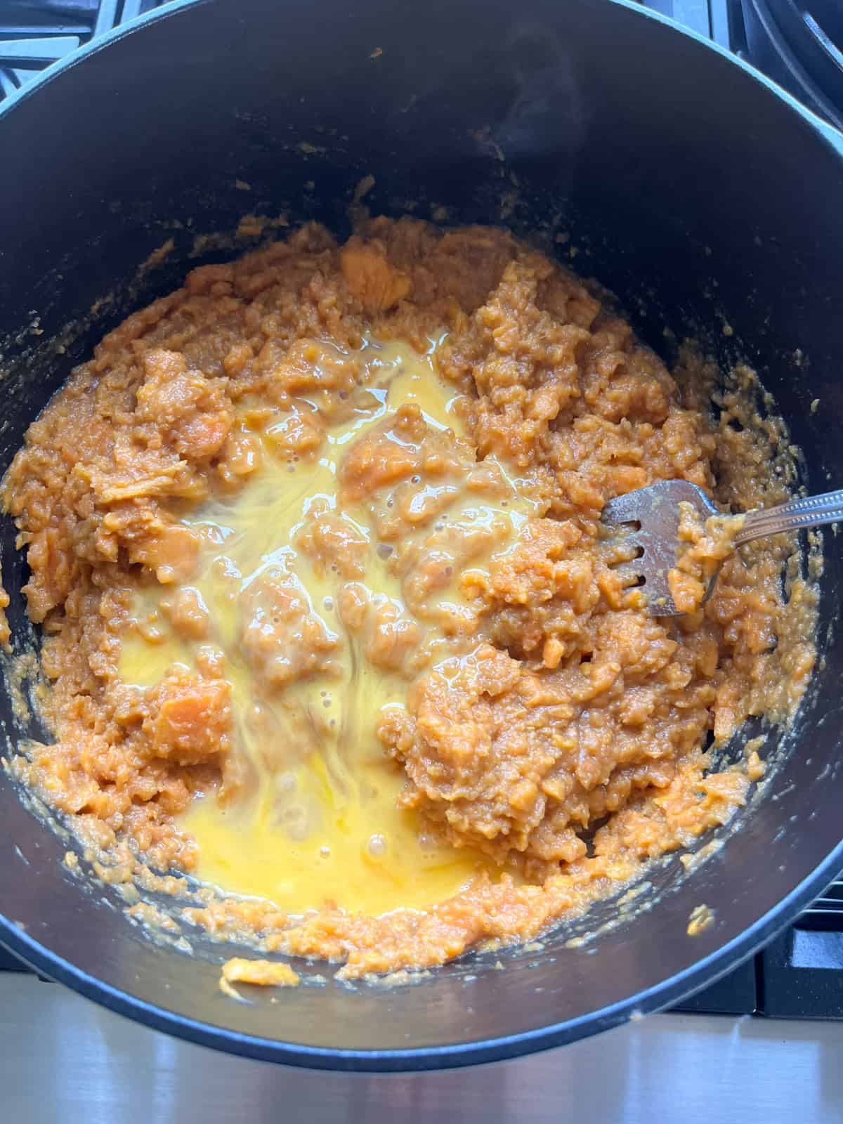 Mashed sweet potatoes with eggs.