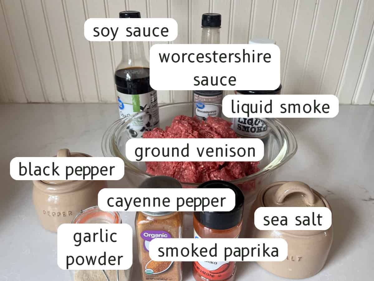 Ground venison jerky ingredients labeled on a kitchen counter.