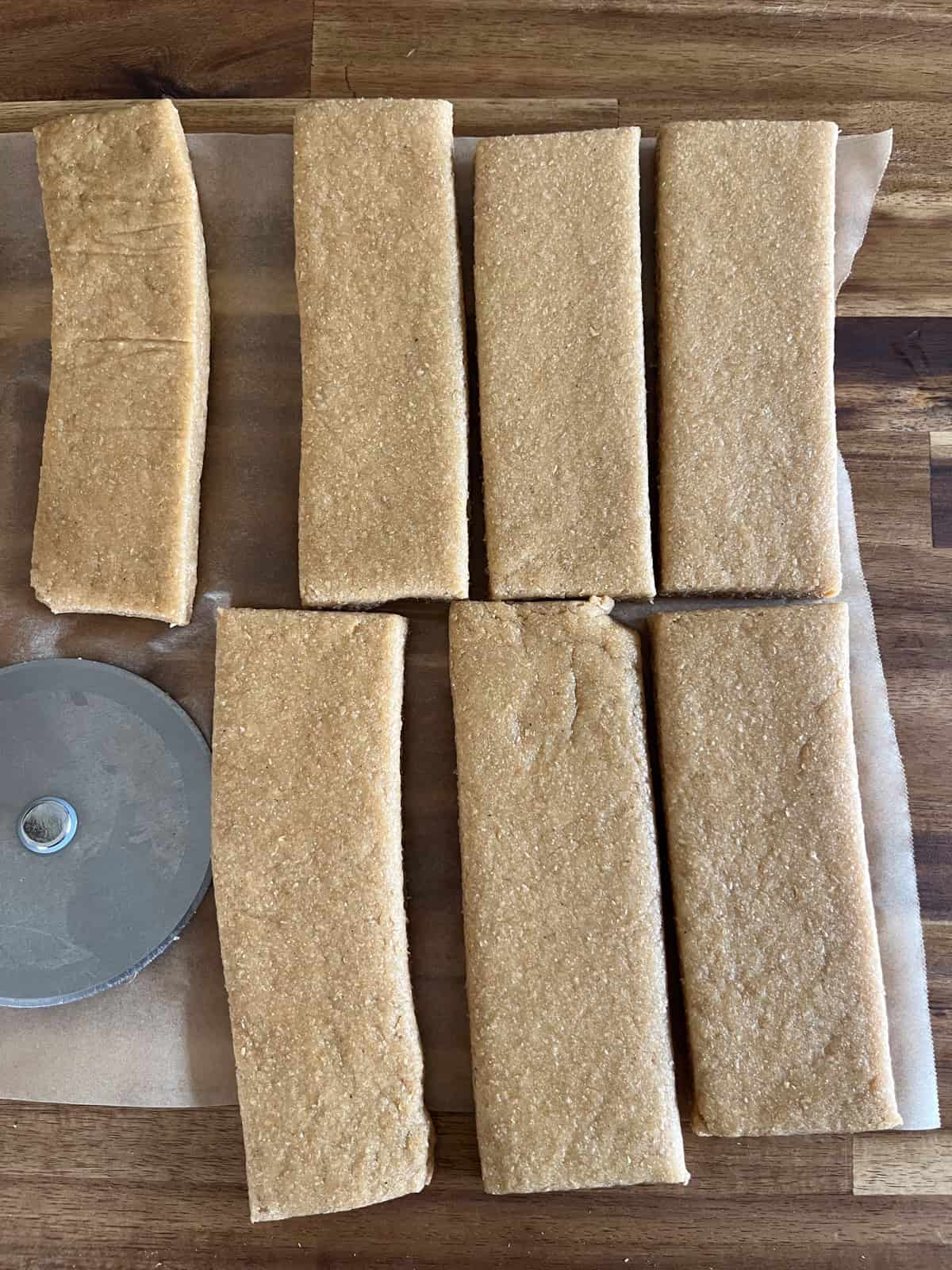 Maple bar dough cut into rectangles.