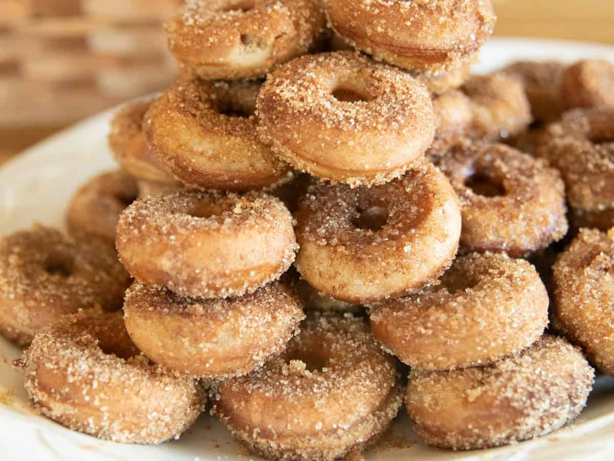 A stack of apple cider donuts on a white serving plate.