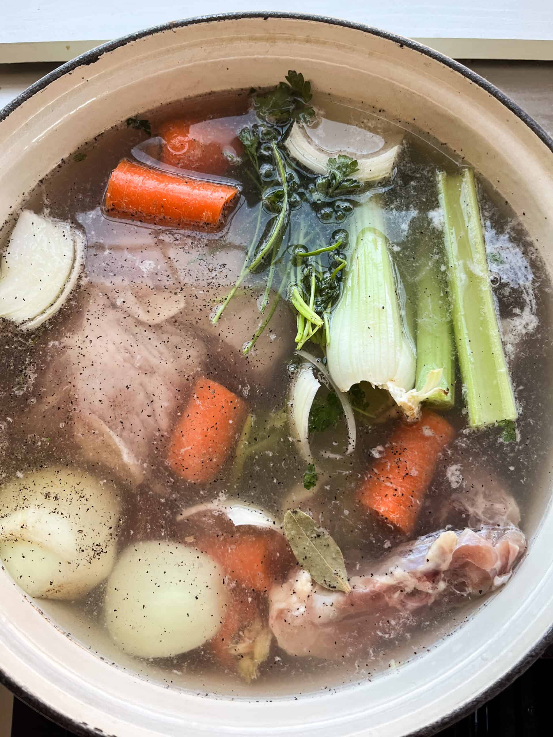 Chicken broth ingredients in a pot with water.