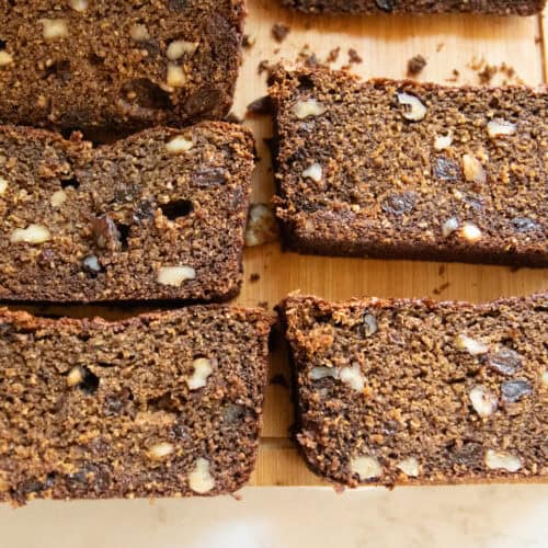 Slices of persimmon bread lined up on a wooden board.