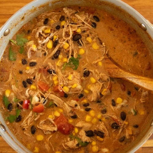 A pot of creamy chicken tortilla soup with a wooden ladel.