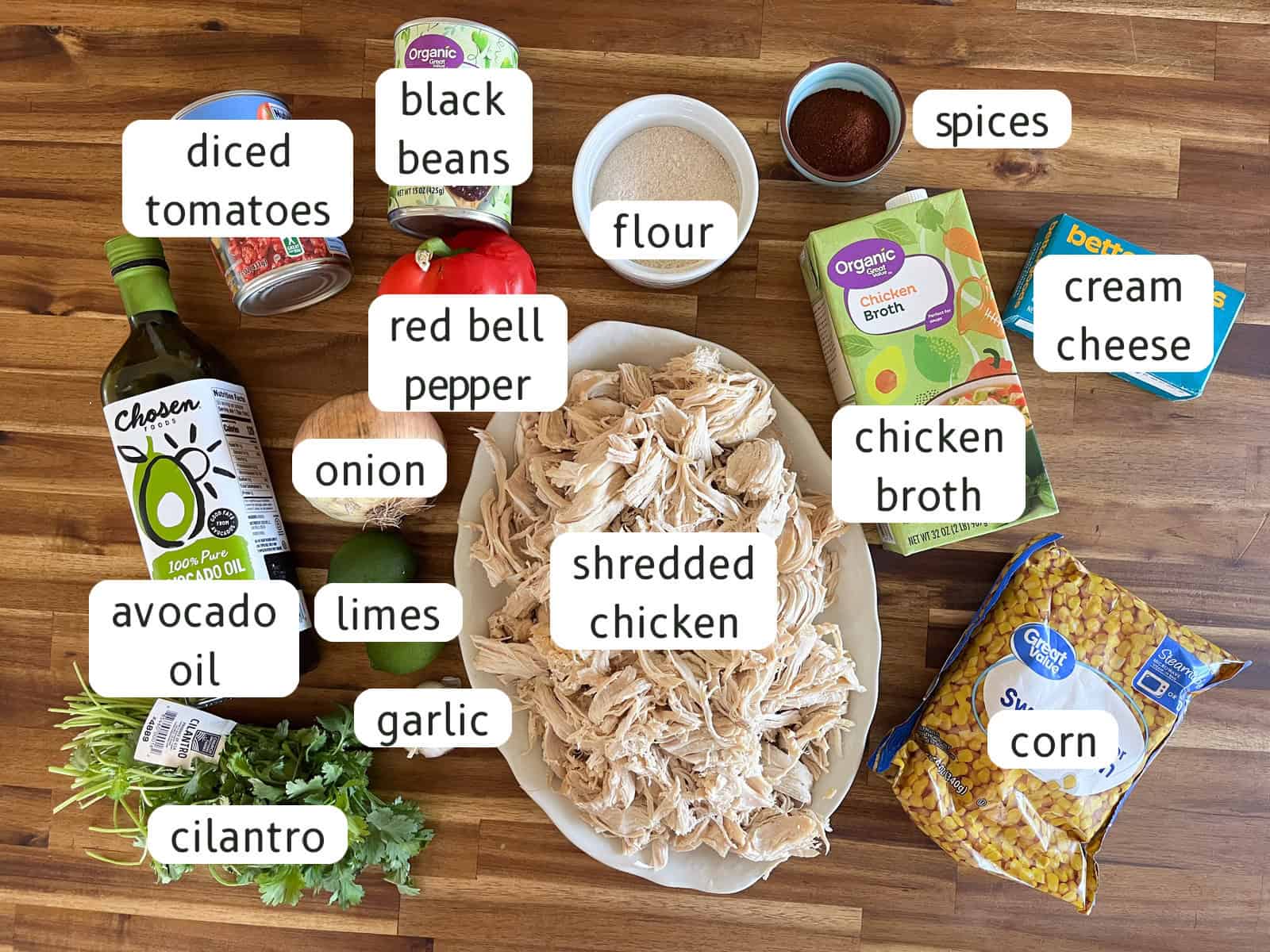 Tortilla soup ingredients on a wooden background.