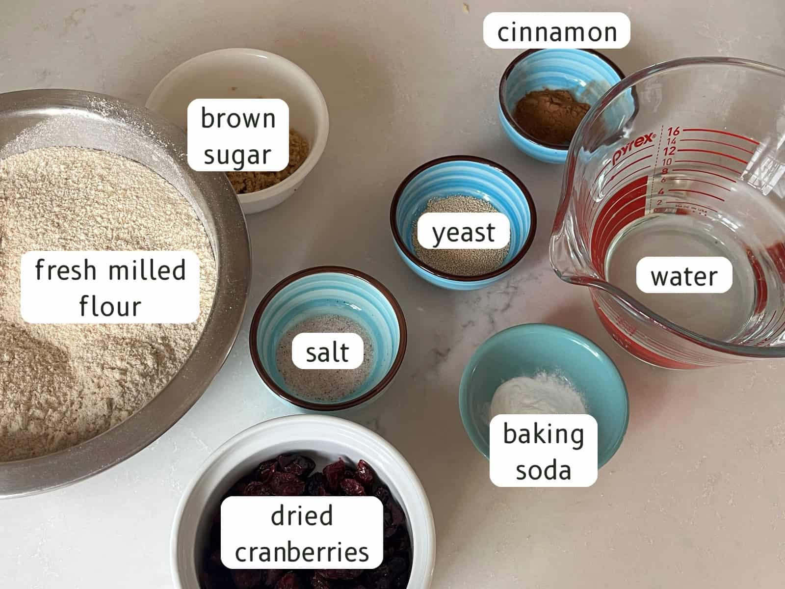 Whole wheat cranberry bagel ingredients labeled on a kitchen counter.